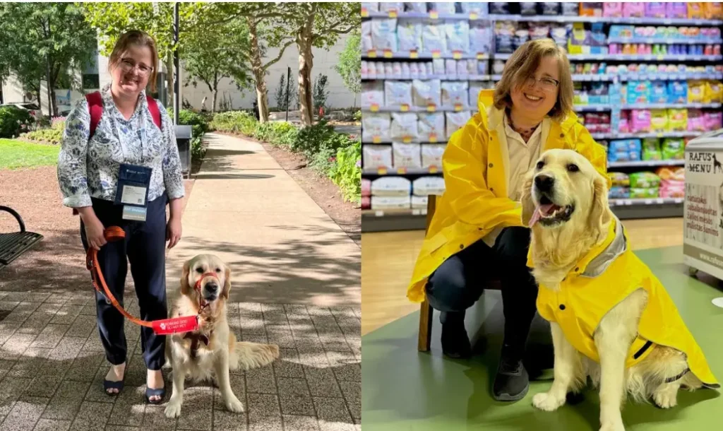 Moteris šypsosi su savo šunimi assitentu dviejose nuotraukose. Kairėje, ji stovi lauke ant plytelių tako. Dešinėje, viduje vilki vienodus geltonus lietpalčius, perteikiančius džiaugsmą ir draugiškumą.